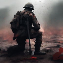 A high-quality digital art image showcasing a soldier planting a flower on a battlefield