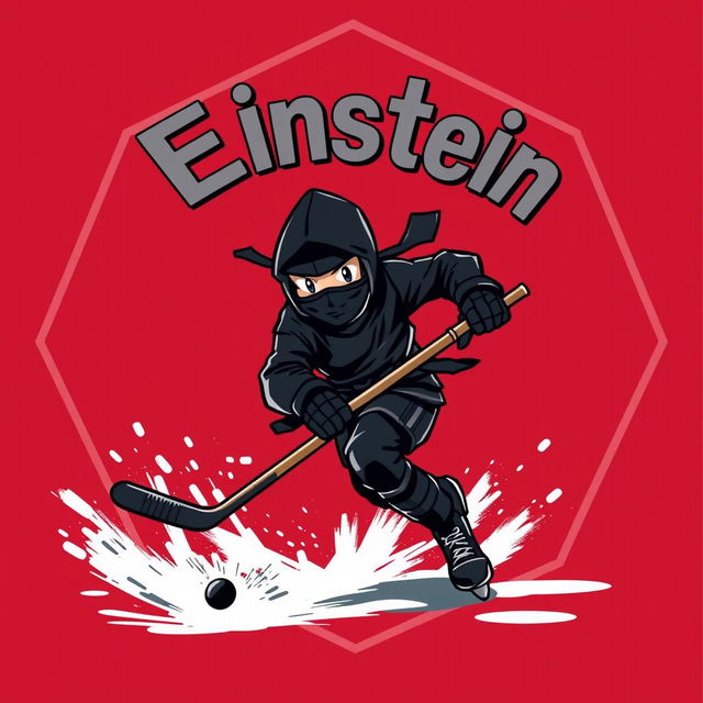 A dynamic and playful illustration featuring a ninja in a sleek black ninja outfit, playfully engaged in a game of hockey