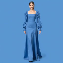 A fashionable dress featuring a square neckline and voluminous puffed sleeves