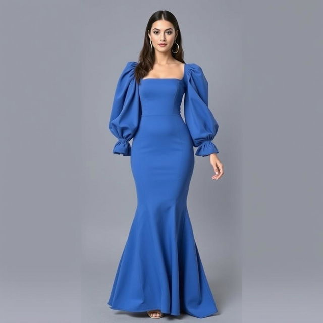 A fashionable dress featuring a square neckline and voluminous puffed sleeves