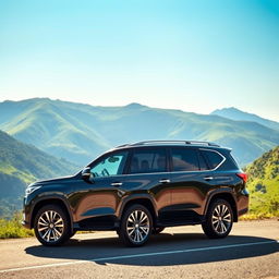 A stunning and luxurious Endeavour SUV parked on a scenic mountain road, with a breathtaking landscape of lush green hills and a clear blue sky in the background