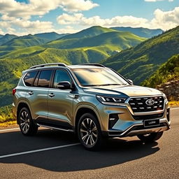 A stunning and luxurious Endeavour SUV parked on a scenic mountain road, with a breathtaking landscape of lush green hills and a clear blue sky in the background