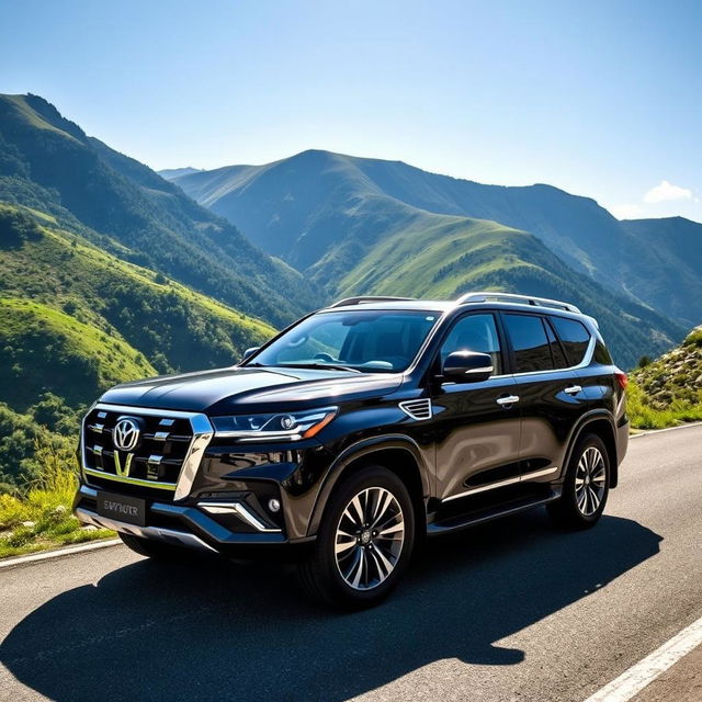 A stunning and luxurious Endeavour SUV parked on a scenic mountain road, with a breathtaking landscape of lush green hills and a clear blue sky in the background