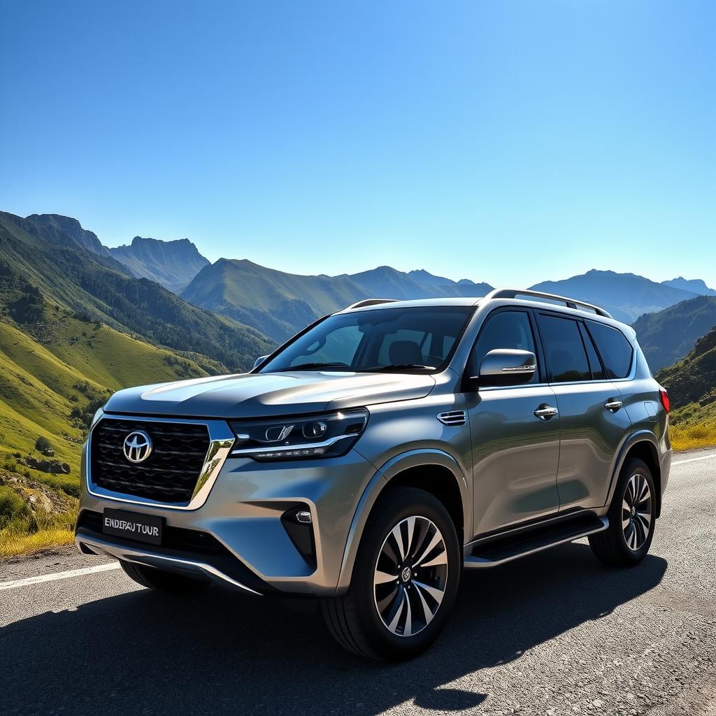 A stunning and luxurious Endeavour SUV parked on a scenic mountain road, with a breathtaking landscape of lush green hills and a clear blue sky in the background