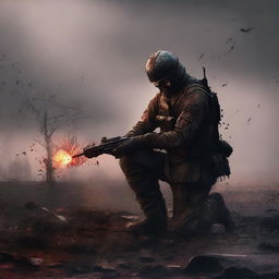 A high-quality digital art image showcasing a soldier planting a flower on a battlefield