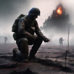 A high-quality digital art image showcasing a soldier planting a flower on a battlefield