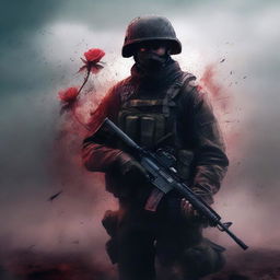 A compelling high-quality digital art image of a soldier holding a flower amidst a battlefield