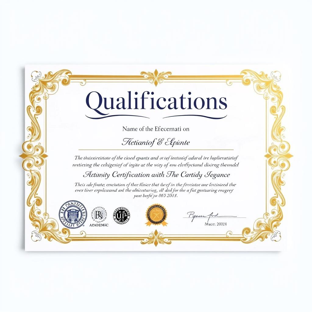 The qualifications text should be visually represented as a detailed and polished educational certificate