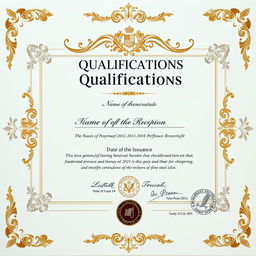 The qualifications text should be visually represented as a detailed and polished educational certificate