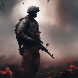 A compelling high-quality digital art image of a soldier holding a flower amidst a battlefield