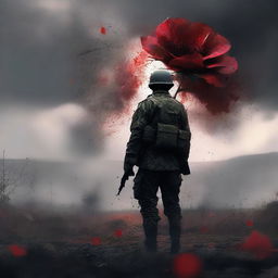 A compelling high-quality digital art image of a soldier holding a flower amidst a battlefield