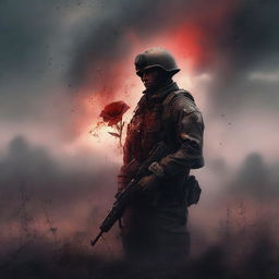 A compelling high-quality digital art image of a soldier holding a flower amidst a battlefield