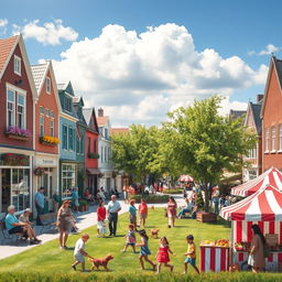 A vibrant and lively small town during a sunny day, with charming architecture featuring colorful storefronts, flower-filled window boxes, and bustling cafes