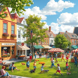 A vibrant and lively small town during a sunny day, with charming architecture featuring colorful storefronts, flower-filled window boxes, and bustling cafes