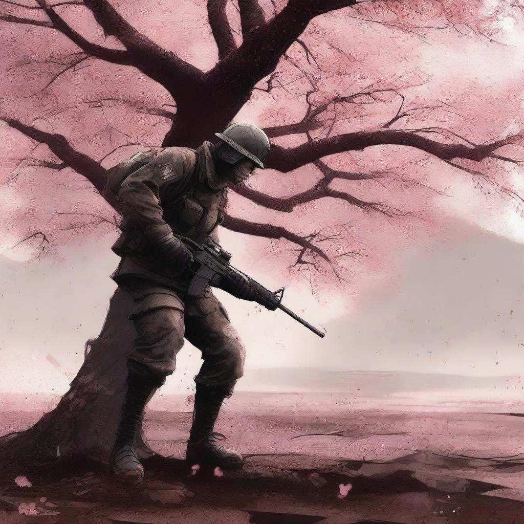 A high-quality digital art image depicting a soldier standing under a blooming Sakura tree on a battlefield