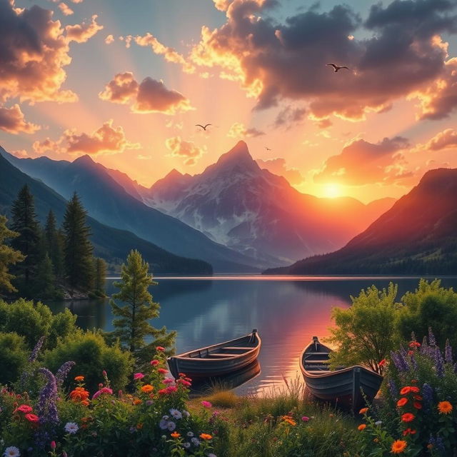 A vivid landscape depicting a serene lake surrounded by majestic mountains