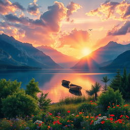 A vivid landscape depicting a serene lake surrounded by majestic mountains