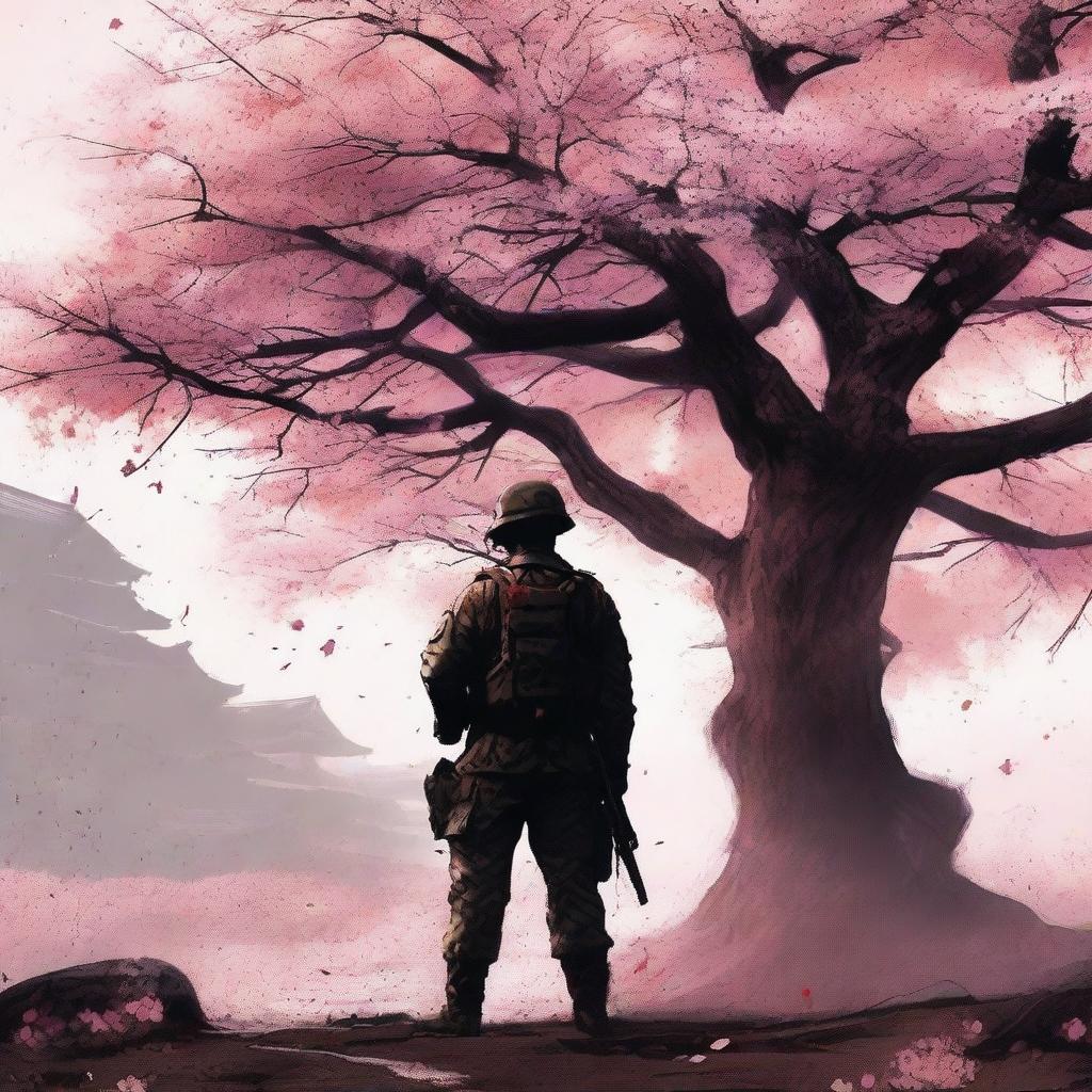 A high-quality digital art image depicting a soldier standing under a blooming Sakura tree on a battlefield