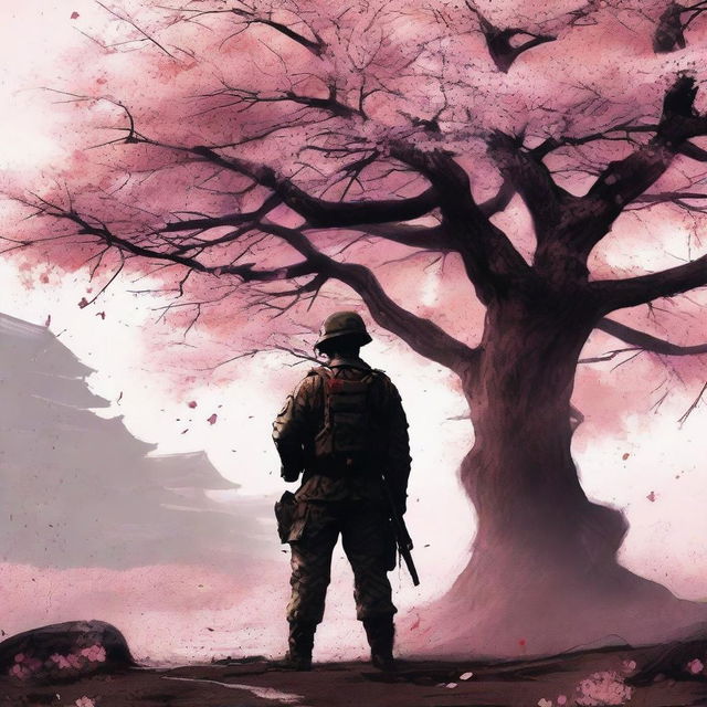 A high-quality digital art image depicting a soldier standing under a blooming Sakura tree on a battlefield