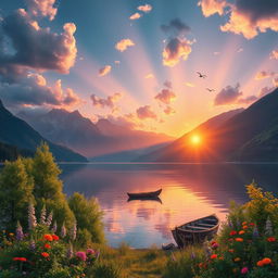 A vivid landscape depicting a serene lake surrounded by majestic mountains