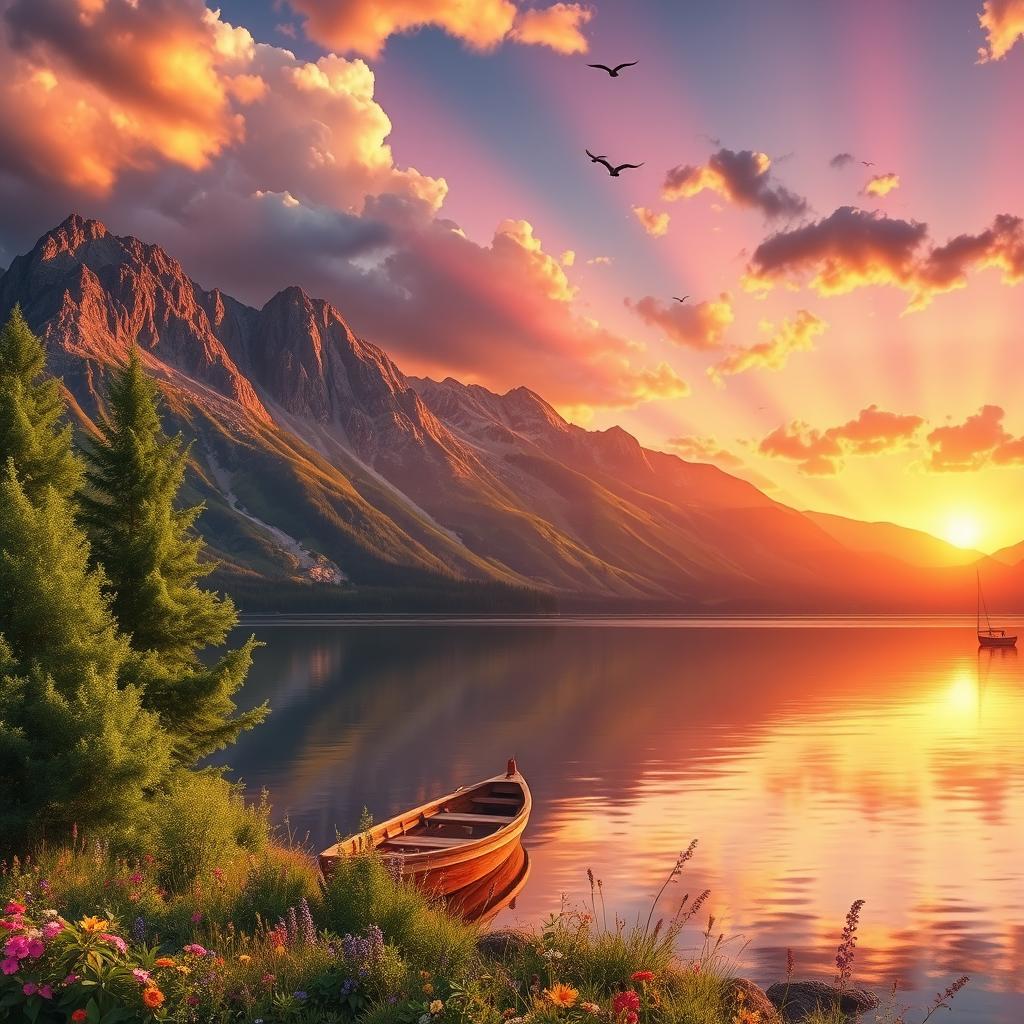 A vivid landscape depicting a serene lake surrounded by majestic mountains