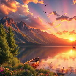 A vivid landscape depicting a serene lake surrounded by majestic mountains