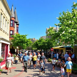 A vibrant small town bustling with life, featuring charming streets lined with colorful shops and cafes