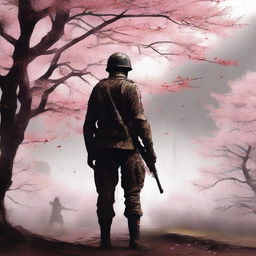 A high-quality digital art image depicting a soldier standing under a blooming Sakura tree on a battlefield