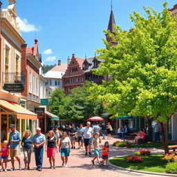 A vibrant small town bustling with life, featuring charming streets lined with colorful shops and cafes