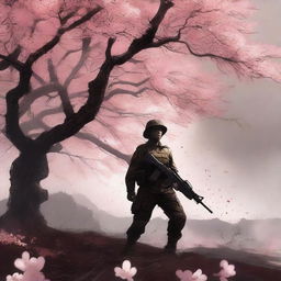 A high-quality digital art image depicting a soldier standing under a blooming Sakura tree on a battlefield