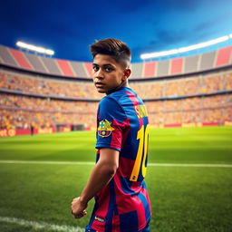 A young, talented Brazilian footballer, Vinicius Junior, wearing a vibrant Barcelona FC jersey