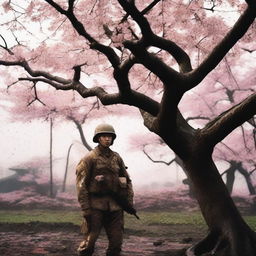 A high-quality photograph of a real soldier standing under a blooming Sakura tree