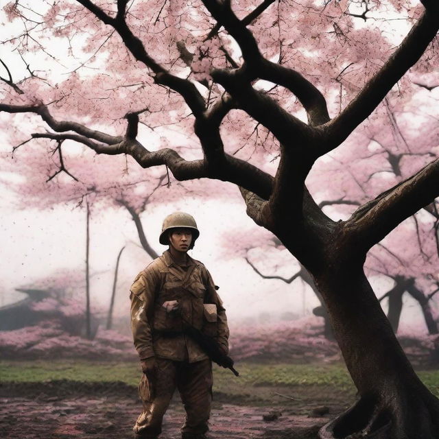 A high-quality photograph of a real soldier standing under a blooming Sakura tree