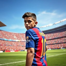A young, talented Brazilian footballer, Vinicius Junior, wearing a vibrant Barcelona FC jersey