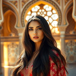 An Arabian girl model, featuring long flowing dark hair, adorned in elegant traditional attire with intricate patterns