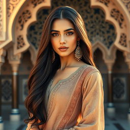 An Arabian girl model, featuring long flowing dark hair, adorned in elegant traditional attire with intricate patterns