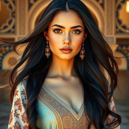 An Arabian girl model, featuring long flowing dark hair, adorned in elegant traditional attire with intricate patterns