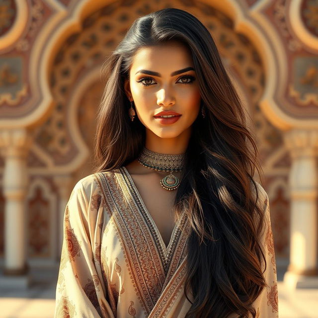 An Arabian girl model, featuring long flowing dark hair, adorned in elegant traditional attire with intricate patterns