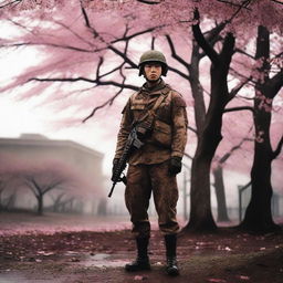 A high-quality photograph of a real soldier standing under a blooming Sakura tree