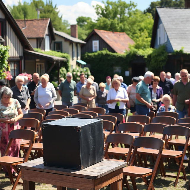 A lively scene in a small town where townspeople are actively setting up chairs in an outdoor setting for a community event