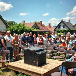 A lively scene in a small town where townspeople are actively setting up chairs in an outdoor setting for a community event