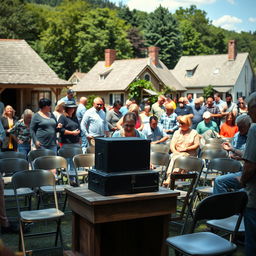 A lively scene in a small town where townspeople are actively setting up chairs in an outdoor setting for a community event