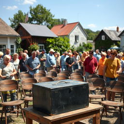 A lively scene in a small town where townspeople are actively setting up chairs in an outdoor setting for a community event