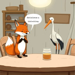 A scene in a whimsical, storybook style featuring a fox looking ashamed and uncomfortable as he stands up from a table in a cozy stork’s home