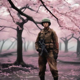 A high-quality photograph of a real soldier standing under a blooming Sakura tree