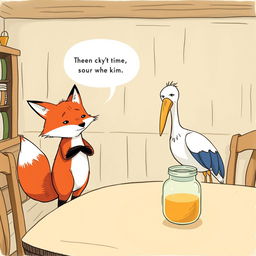 A scene in a whimsical, storybook style featuring a fox looking ashamed and uncomfortable as he stands up from a table in a cozy stork’s home