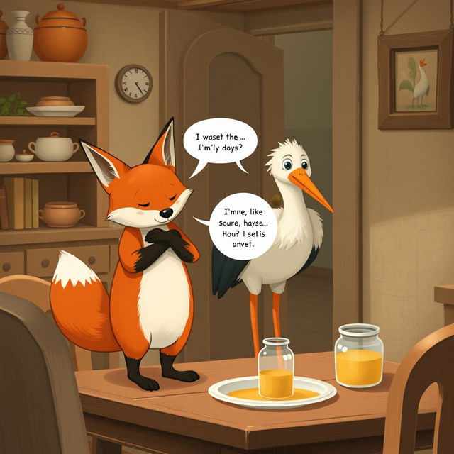 A scene in a whimsical, storybook style featuring a fox looking ashamed and uncomfortable as he stands up from a table in a cozy stork’s home