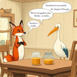 A scene in a whimsical, storybook style featuring a fox looking ashamed and uncomfortable as he stands up from a table in a cozy stork’s home