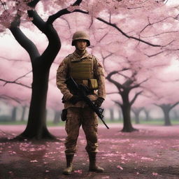 A high-quality photograph of a real soldier standing under a blooming Sakura tree