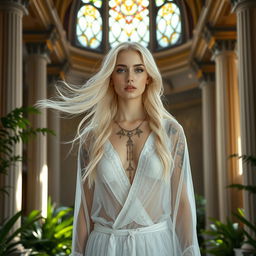 A stunning white woman with flowing blonde hair, dressed as a priestess, wearing transparent white clothing with intricate designs